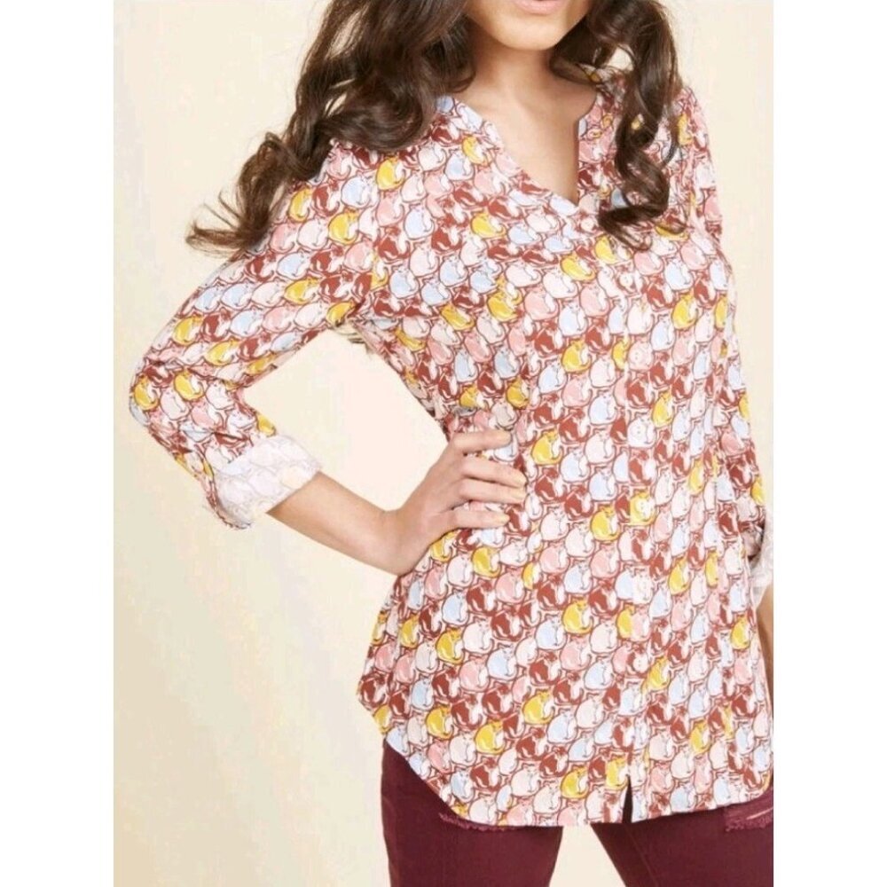 ModCloth Top Womens Medium Multicolor Cat Print Button Down Cat Lady Long Sleeve